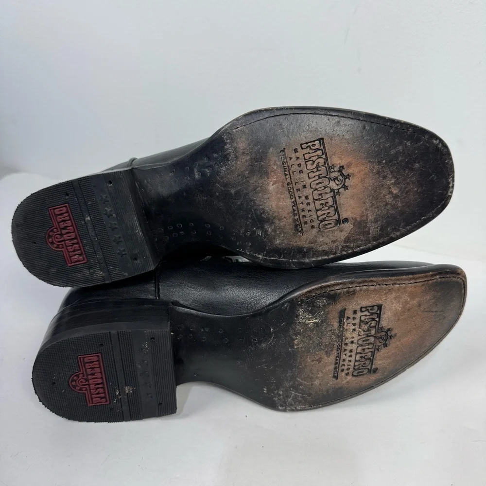 Pistolero Black Leather Embroidered Square Toe Western Cowboy Boots Rodeo